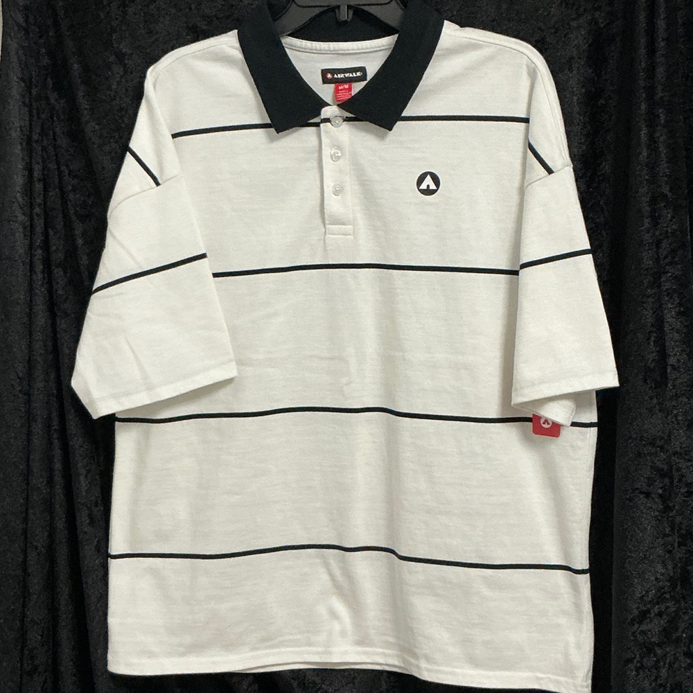 NWT Men’s Airwalk Black and White Striped Polo Shirt, Size Medium